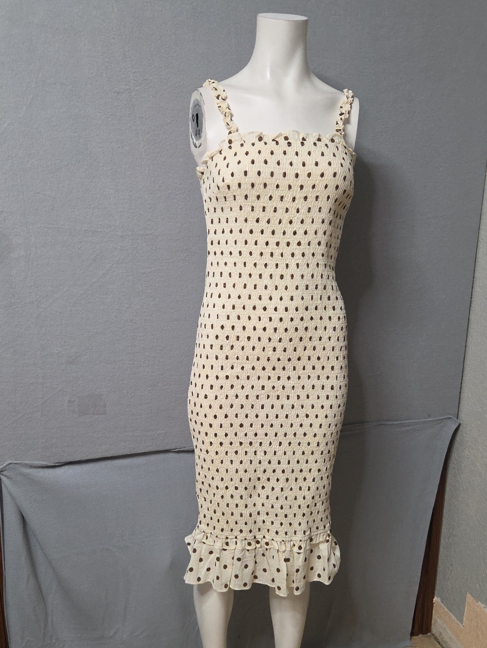 Hello Molly Cream Midi Dress with Brown Polka Dots Large Sz 17 In